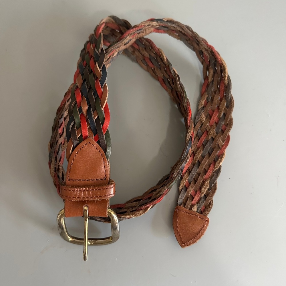 Vintage Multi Color Braided Leather Belt M L Woven Boho Brass Buckle Guatemala